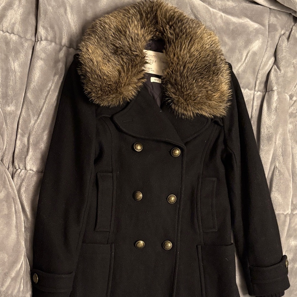 Aritzia Black Pea Coat with Faux Fur Collar